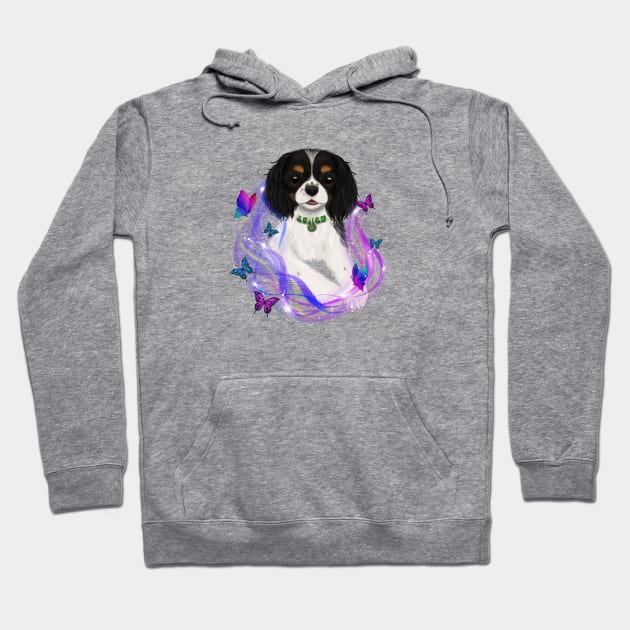 Magical Cavalier King Charles Spaniel and Butterflies, Tri Colored Hoodie by Cavalier Gifts